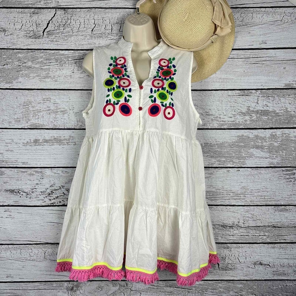 Velzera Embroidered Sundress Women's Medium White Babydoll Tassels NWT